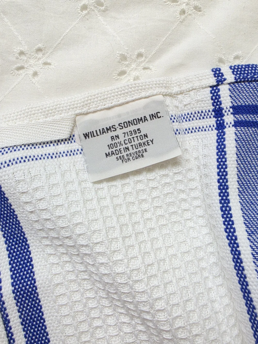 Williams Sonoma White and Blue Waffle-Weave Kitchen Towel